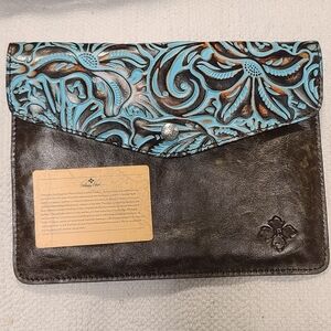 Patricia Nash Turquoise and Brown Leather Envelope Hand Clutch